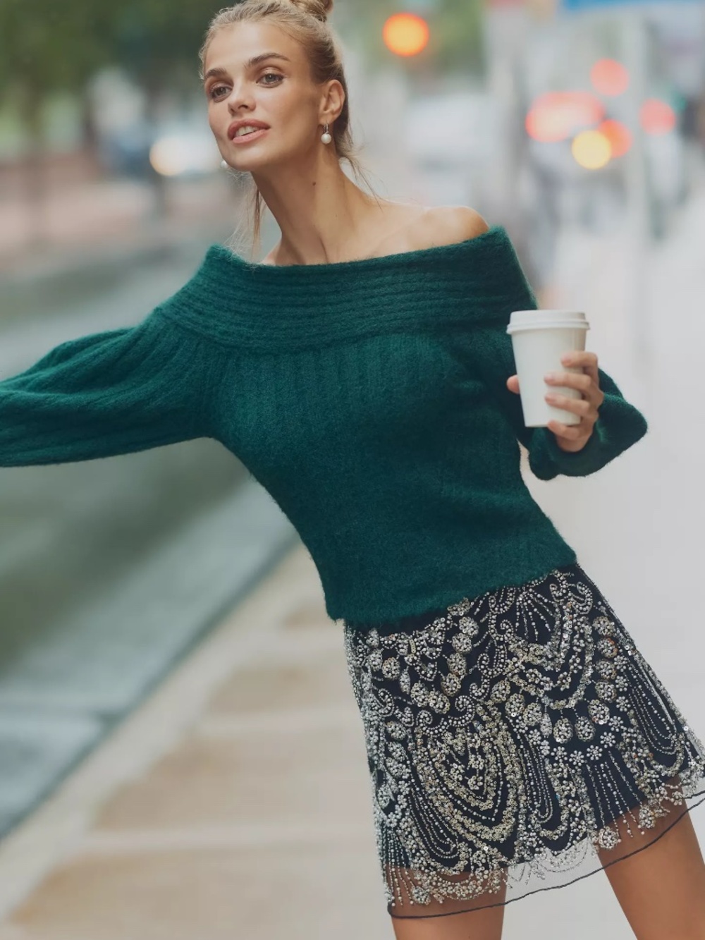 Anthropologie Pilcro Off-Shoulder Batwing Sweater Pullover Top in Dark Green